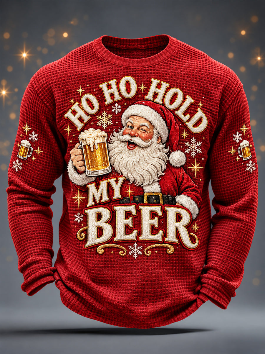 Men's Funny Christmas Santa Claus Drink Beer Print Casual Waffle Long Sleeve T-Shirt gracestitchs