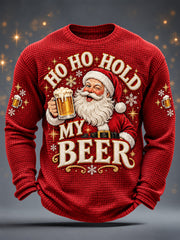 Men's Funny Christmas Santa Claus Drink Beer Print Casual Waffle Long Sleeve T-Shirt gracestitchs