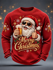 Men's Christmas Santa Claus Drink Beer Print Casual Waffle Long Sleeve T-Shirt gracestitchs