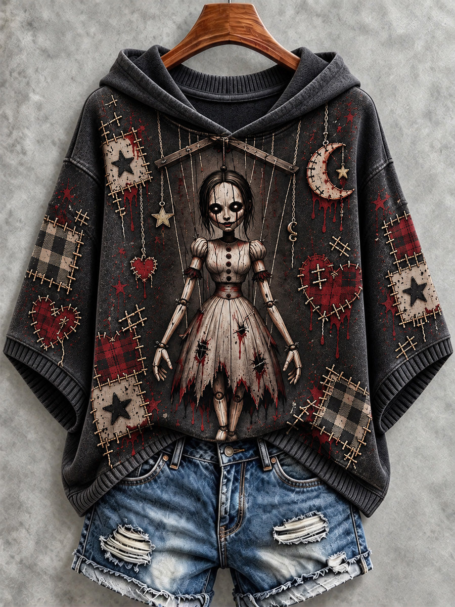 Women's Halloween Art Patchwork Print Casual Hooded Sweater gracestitchs