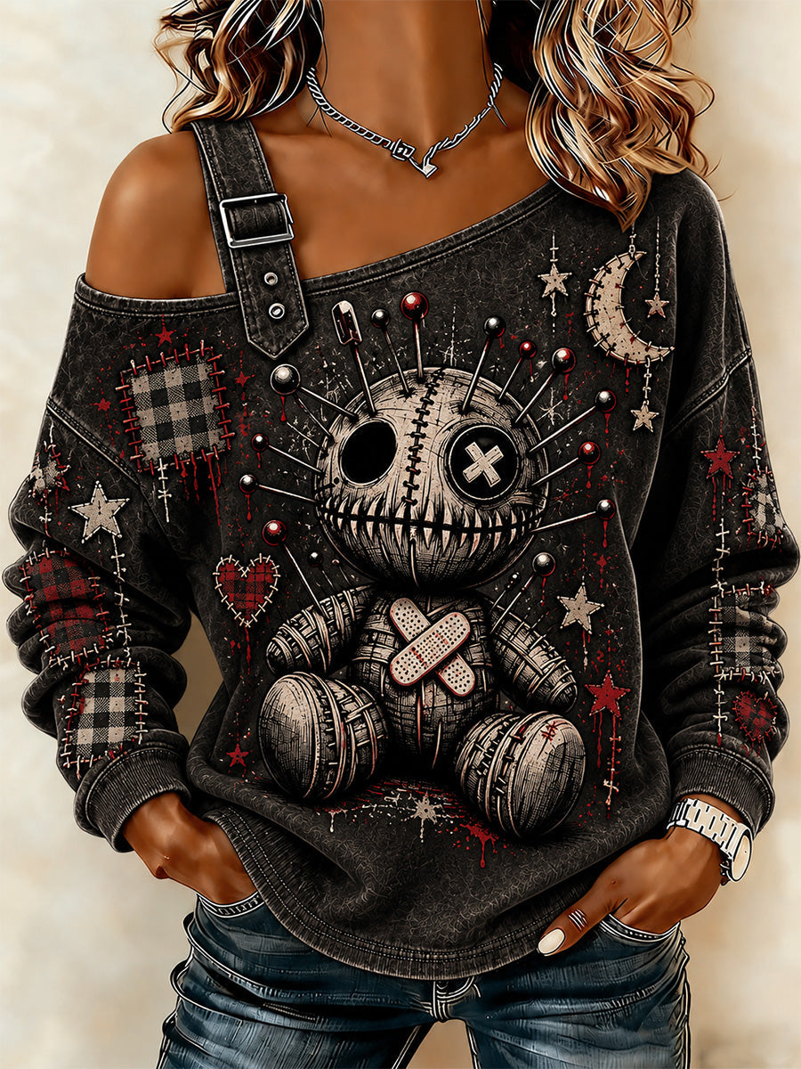 Women's Halloween Art Patchwork Print Casual Off-Shoulder Sweatshirt gracestitchs
