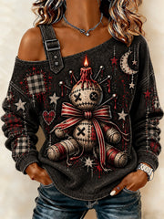 Women's Halloween Art Patchwork Print Casual Off-Shoulder Sweatshirt gracestitchs