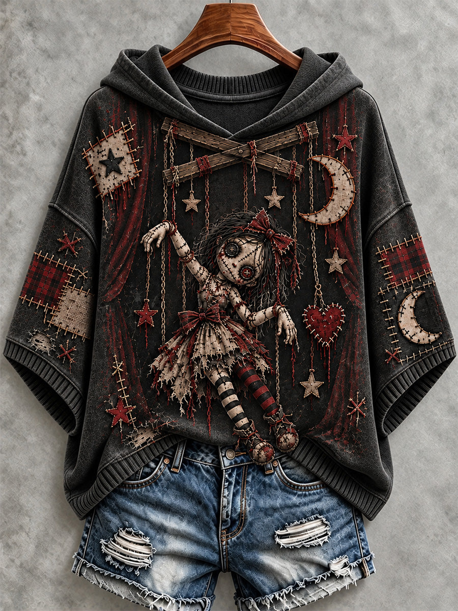 Women's Halloween Art Patchwork Print Casual Hooded Sweater gracestitchs