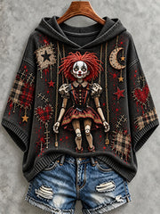 Women's Halloween Art Patchwork Print Casual Hooded Sweater gracestitchs