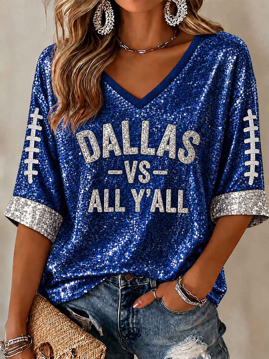 Women's Football Game Day Mid-length Sleeves V-Neck T-Shirt