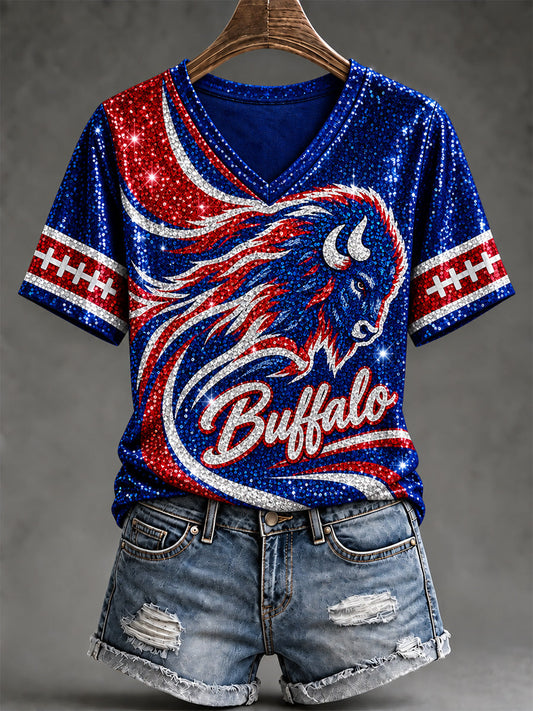 Women's Football Lover Buffalo Print V-Neck Tee gracestitchs