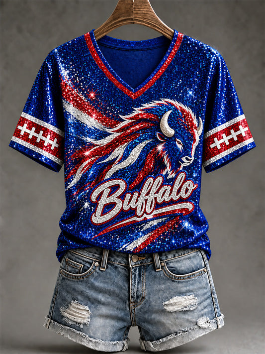 Women's Football Lover Buffalo Print V-Neck Tee gracestitchs