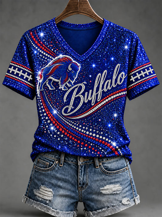 Women's Football Lover Buffalo Print V-Neck Tee gracestitchs