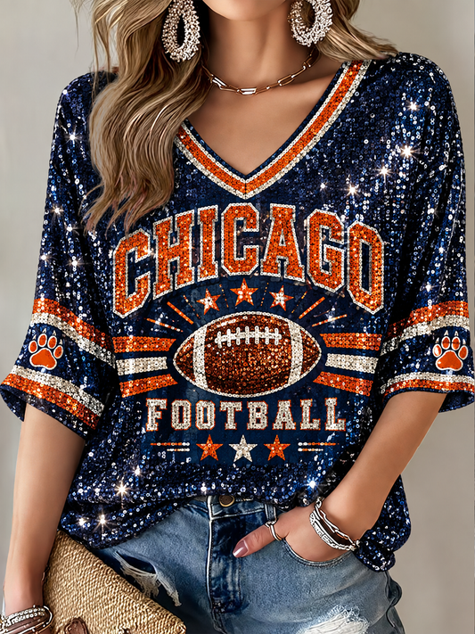 Women's Football Gameday Gift For Football Fans Mid-length Sleeves V-Neck T-Shirt gracestitchs