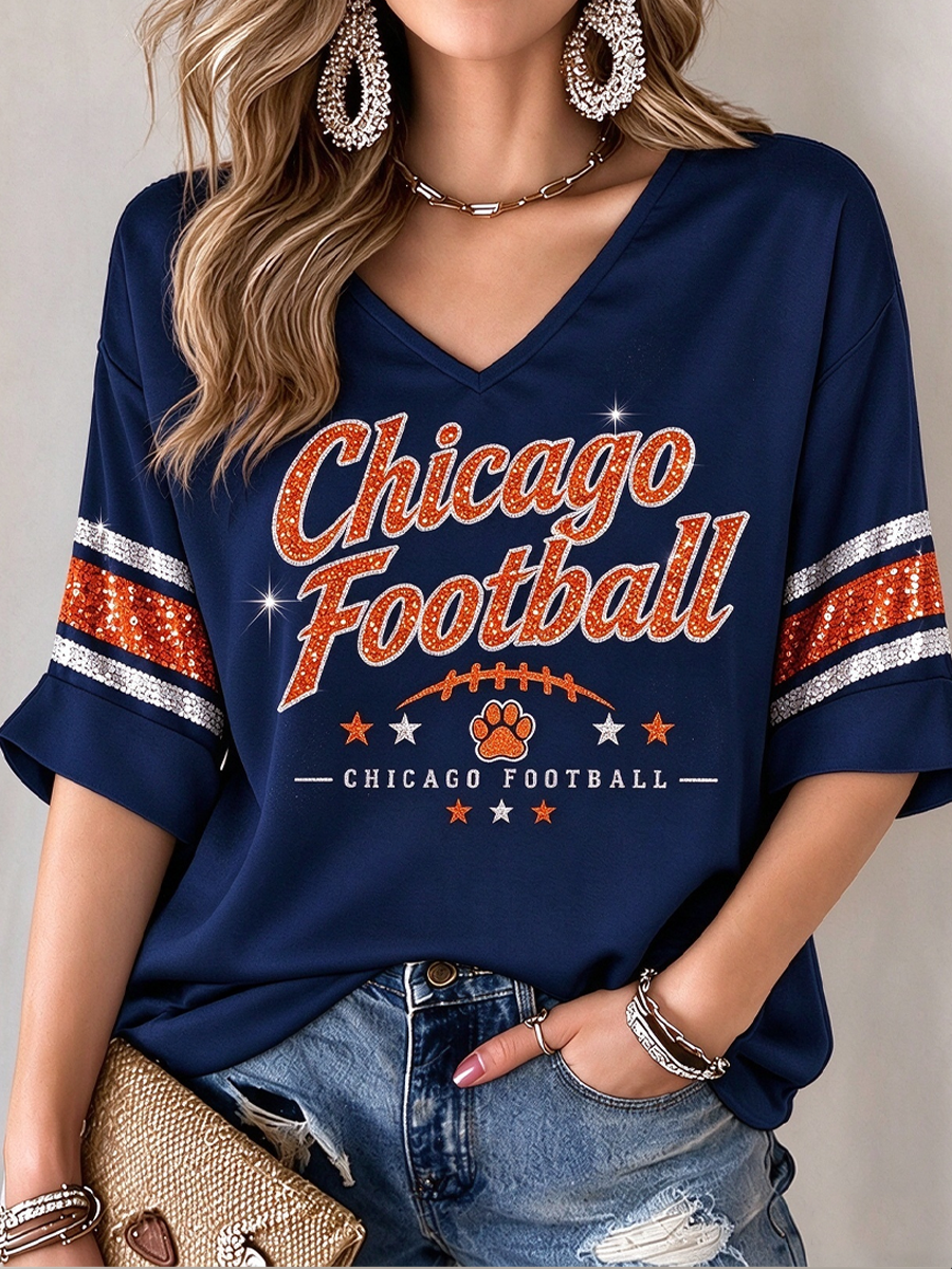 Women's Football Gameday Gift For Football Fans Mid-length Sleeves V-Neck T-Shirt gracestitchs