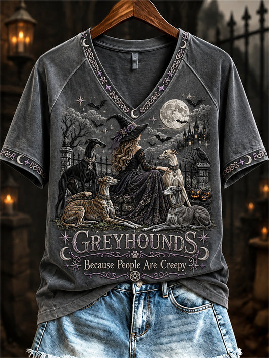 Women's Greyhounds Because People Are Creepy Halloween Witch & Dogs Print short-sleeved T-shirt gracestitchs