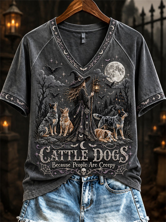 Women's Cattle Dogs Because People Are Creepy Halloween Witch & Dogs Print short-sleeved T-shirt gracestitchs