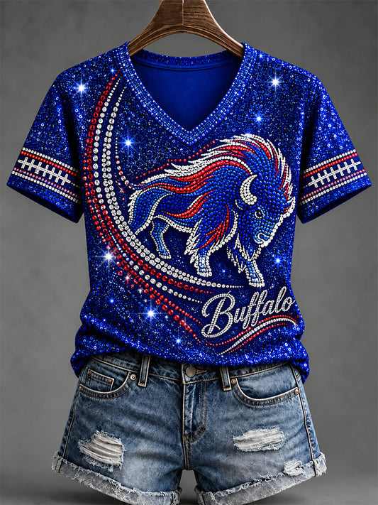 Women's Football Lover Buffalo Print V-Neck Tee gracestitchs