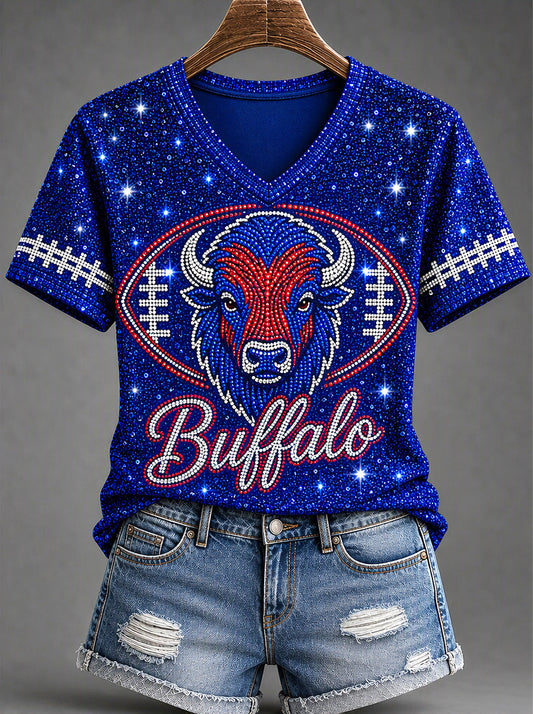 Women's Football Lover Buffalo Print V-Neck Tee gracestitchs