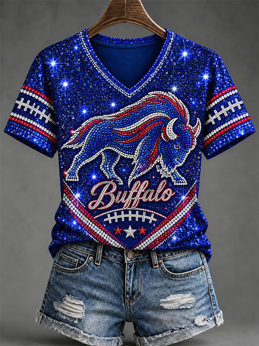 Women's Football Lover Buffalo Print V-Neck Tee gracestitchs