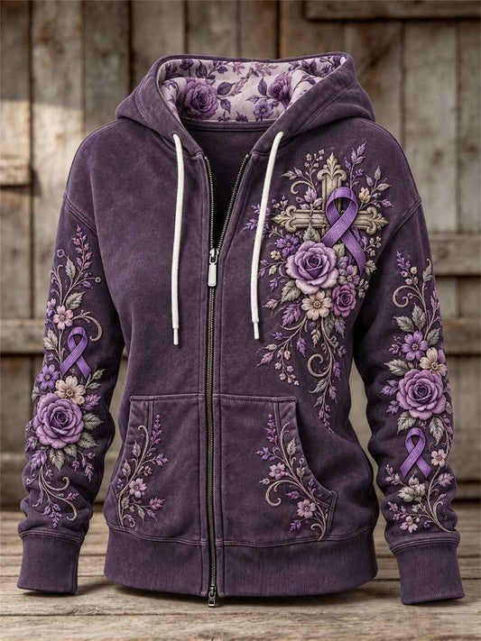 Women's Vintage Cross & Purple Ribbon Roses Floral Print Full Zip Hoodie