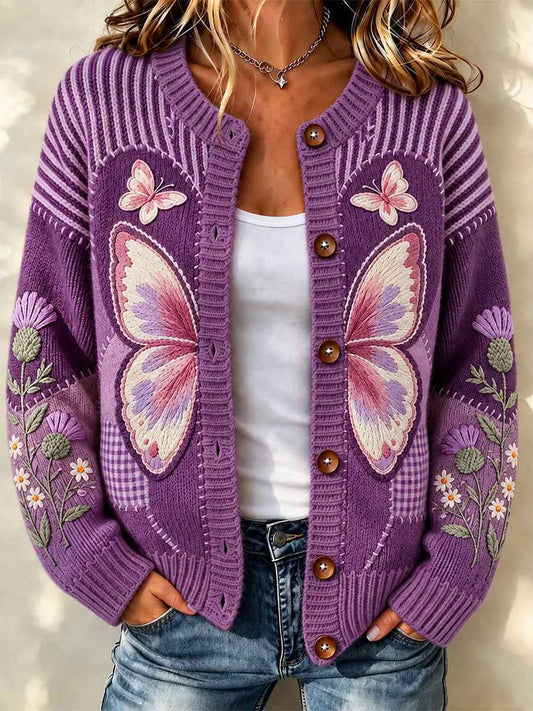 Women's Purple Art Print Casual Cardigan
