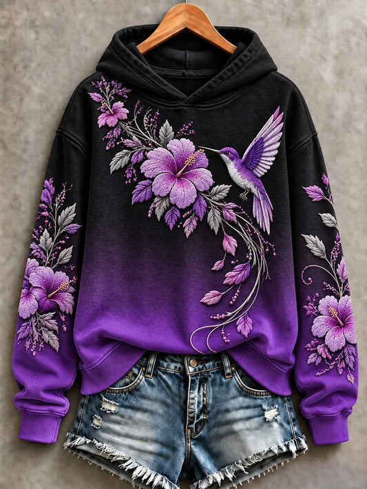 Women's Purple Floral & Hummingbird Print Alzheimer's Awareness Support Sweatshirt
