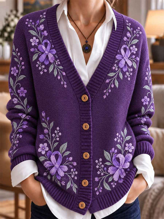 Women's Purple Art Print Casual Cardigan