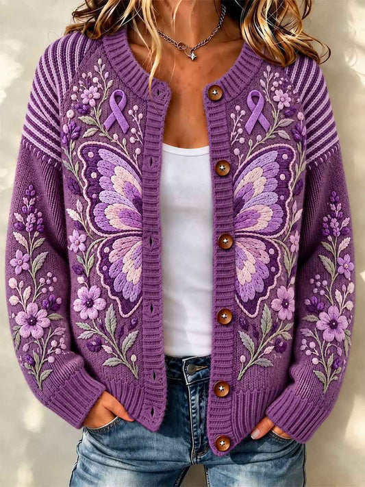 Women's Purple Art Print Casual Cardigan