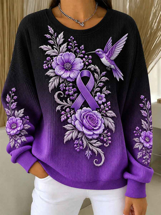 Women's Purple Floral & Hummingbird Print Alzheimer's Awareness Support Ribbed Round-Neck Sweatshirt