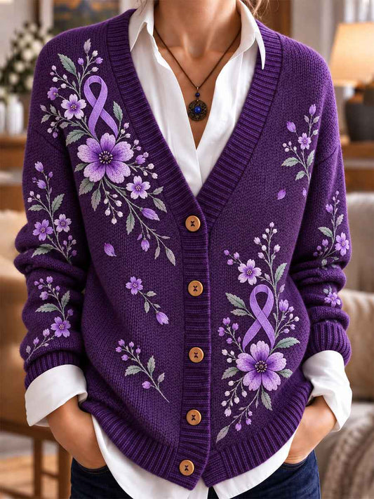 Women's Purple Art Print Casual Cardigan