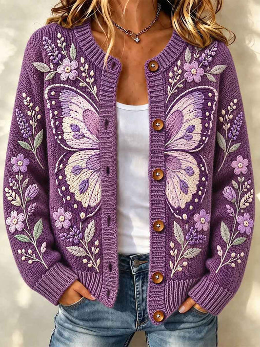 Women's Purple Art Print Casual Cardigan