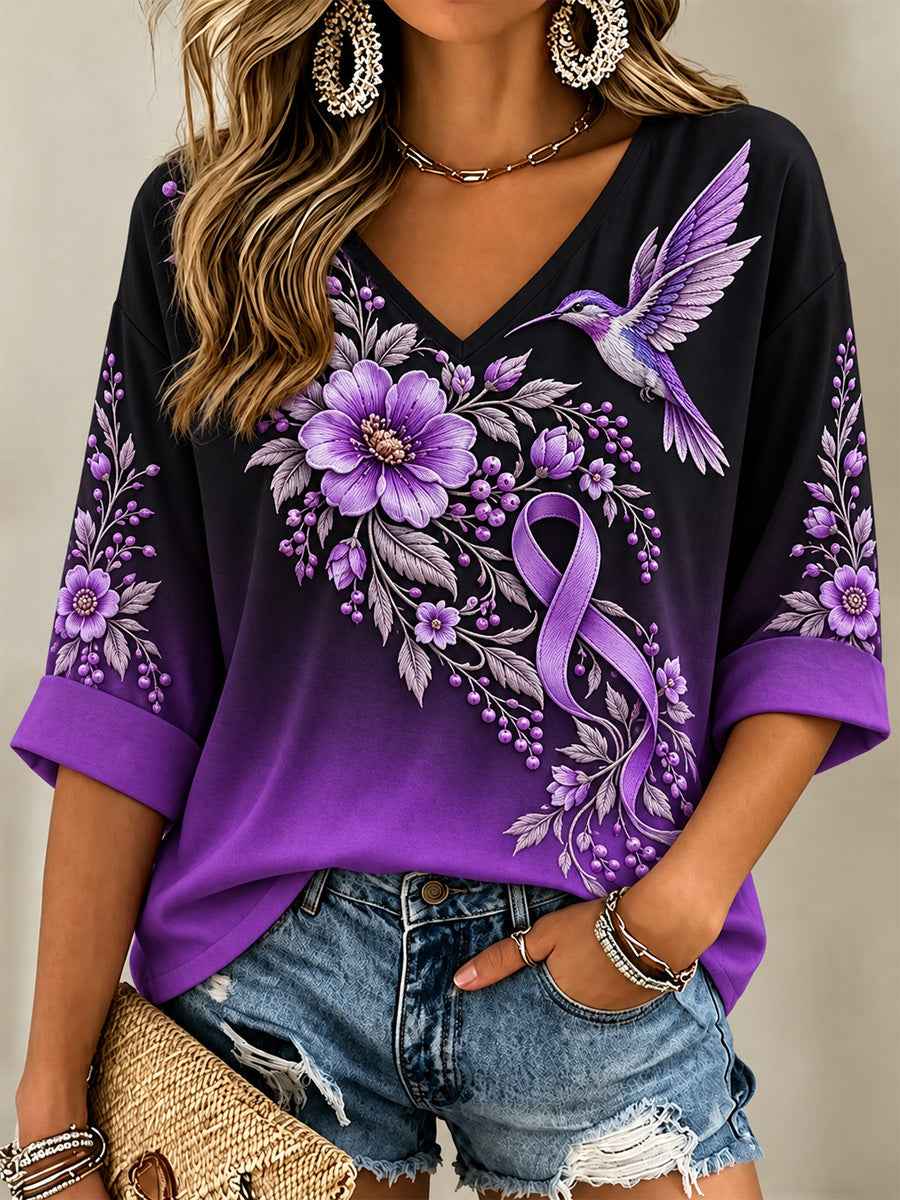 Women's Purple Floral & Hummingbird Print Alzheimer's Awareness Support V-Neck Tee