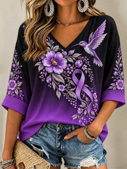 Women's Purple Floral & Hummingbird Print Alzheimer's Awareness Support V-Neck Tee
