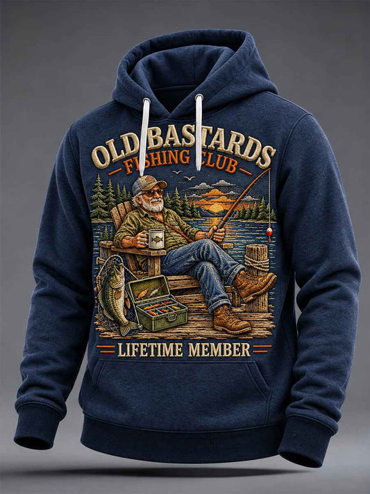 Men's Funny Old Bastards Fishing Club Lifetime Member Print Oversized Drop-Shoulder Hoodie With Pockets