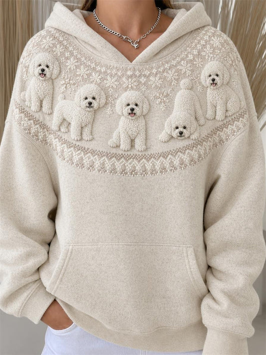 Women's Vintage Bichon Dogs Yoke Isle Pattern Print Hoodie gracestitchs