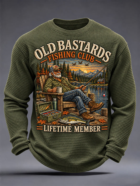 Men's Funny Old Bastards Fishing Club Lifetime Member Print Waffle Long Sleeve Top gracestitchs