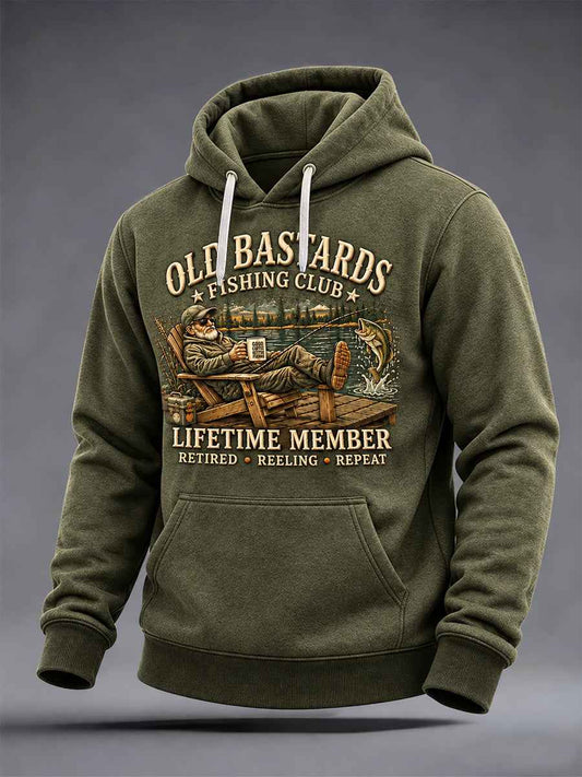 Men's Funny Old Bastards Fishing Club Lifetime Member Print Oversized Drop-Shoulder Hoodie With Pockets