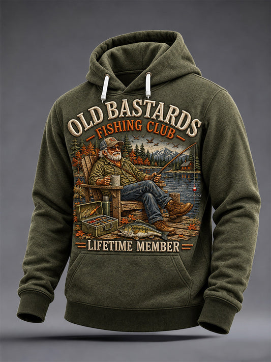 Men's Funny Old Bastards Fishing Club Lifetime Member Print Oversized Drop-Shoulder Hoodie With Pockets gracestitchs