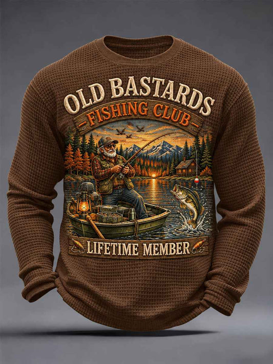 Men's Funny Old Bastards Fishing Club Lifetime Member Print Waffle Long Sleeve Top