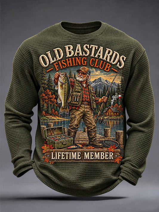 Men's Funny Old Bastards Fishing Club Lifetime Member Print Waffle Long Sleeve Top