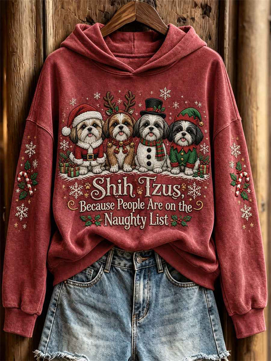 Women's Shih Tzus Because People Are on the Naughty List Christmas Dogs Print Hoodie
