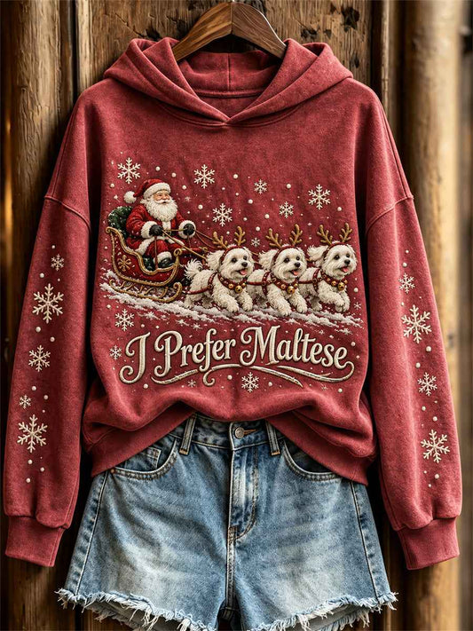 Women's Christmas I Prefer Maltese Santa Claus & Dogs Print Hoodie