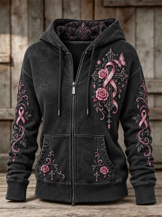 Women's Vintage Pink Ribbon Gothic Cross & Butterflies Roses Floral Print Full Zip Hoodie