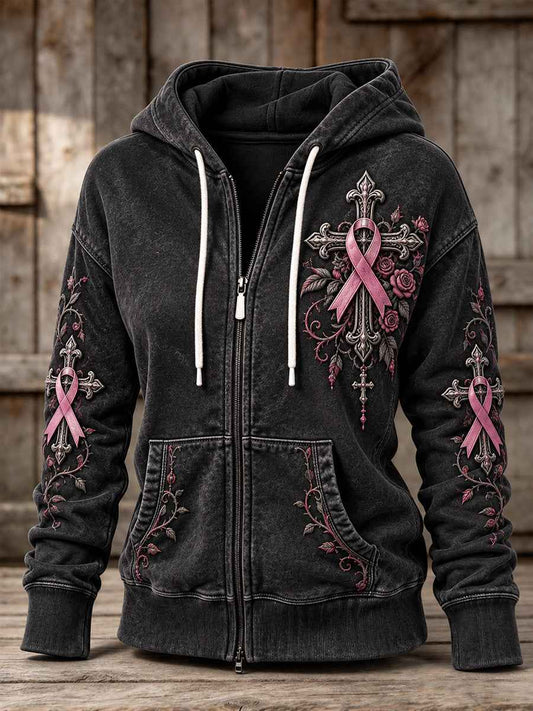 Women's Vintage Floral Pink Ribbon Gothic Cross Print Full Zip Hoodie