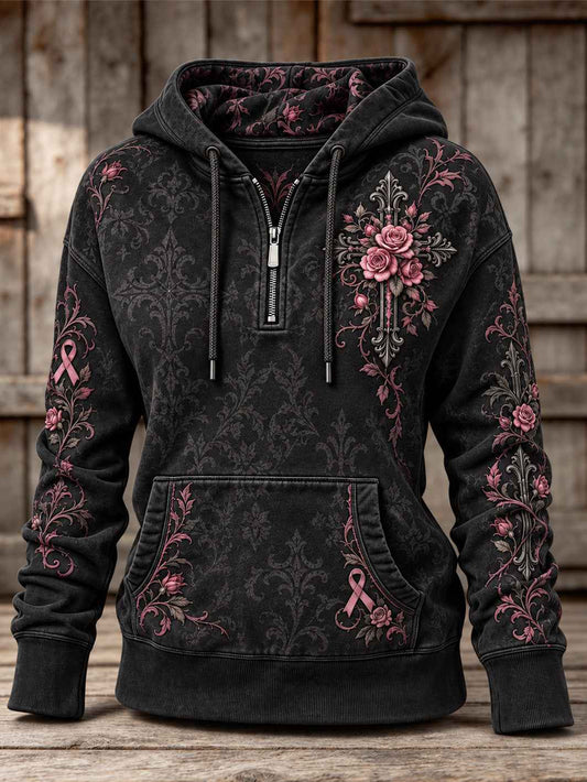 Women's Pink Rose and Pink Charity Ribbon Pattern Design Casual Half-zip Hoodie