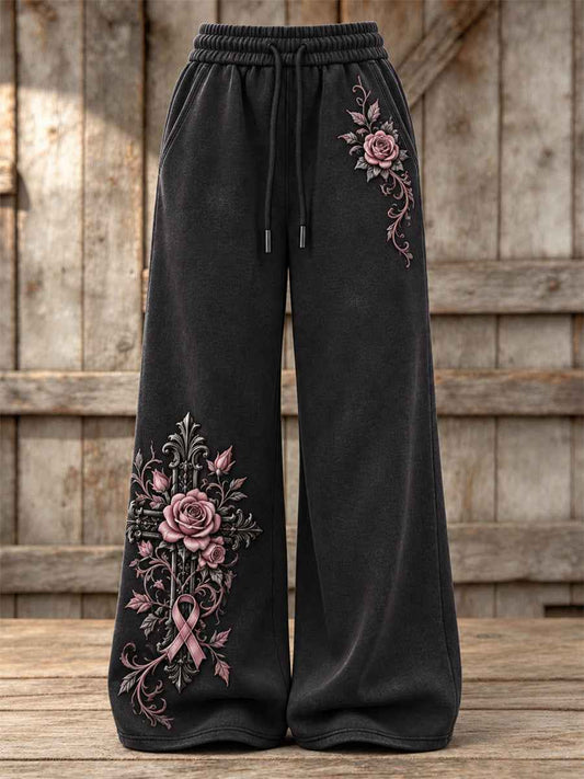 Women's Vintage Gothic Cross & Pink Ribbon Roses Floral Print Wide Leg Sweatpants