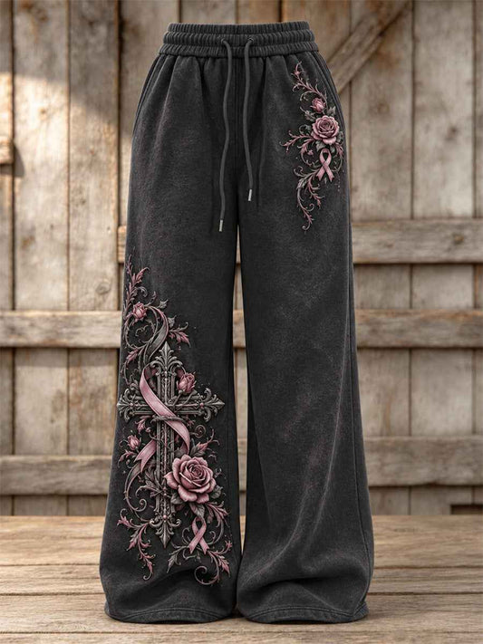 Women's Vintage Gothic Cross & Pink Ribbon Roses Floral Print Wide Leg Sweatpants