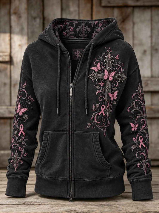 Women's Vintage Pink Ribbon Gothic Cross & Butterflies Print Full Zip Hoodie