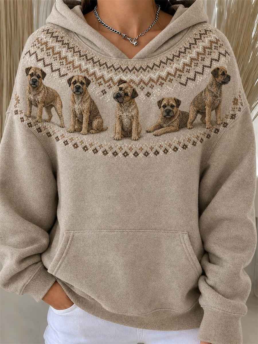 Women's Vintage Border Terrier Dogs Yoke Isle Pattern Print Hoodie