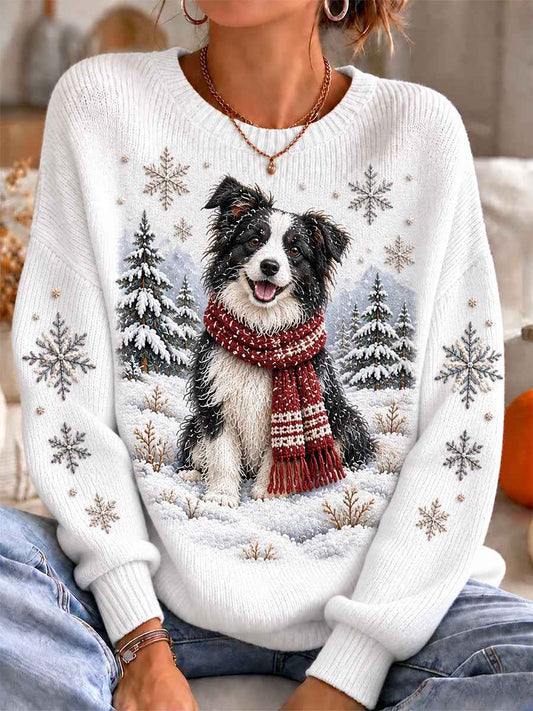 Women's Cute Dog In Winter Print Crew Neck Sweater