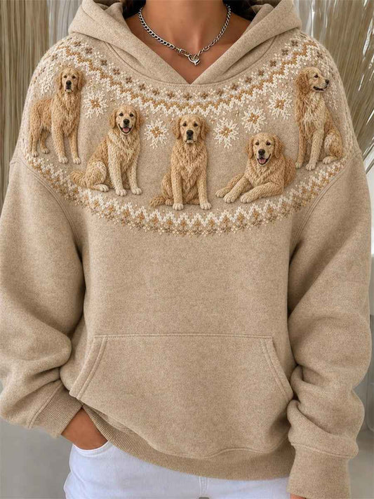 Women's Vintage Golden Retriever Dogs Yoke Isle Pattern Print Hoodie