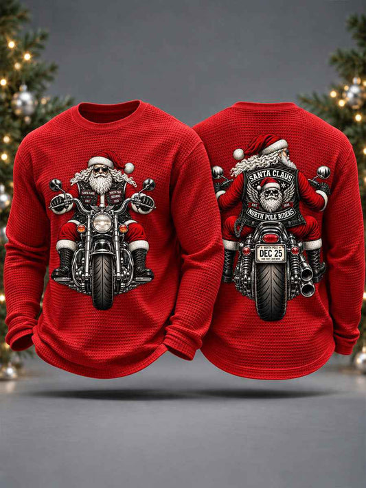 Men's Motorcycle Santa Print Waffle Long Sleeve T-Shirt