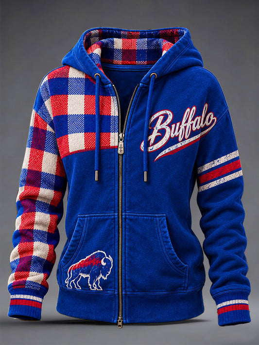 Women's Football Lover Buffalo Print Casual Zip-Up Hoodie gracestitchs