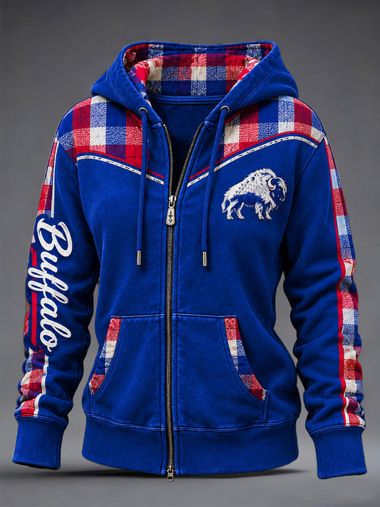 Women's Football Lover Buffalo Print Casual Zip-Up Hoodie gracestitchs
